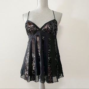 BCBG Y2K sequined tank top with chiffon black color babydoll peplum style